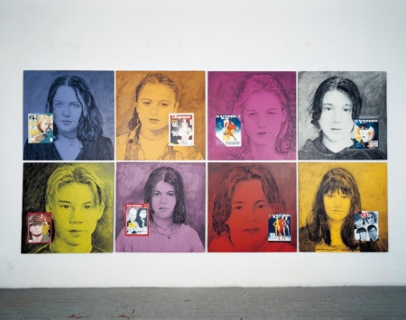 Installazione, 1996. Acrilico, inchiostro serigrafico e olio su tela 8 pezzi, 100 x 100 cm