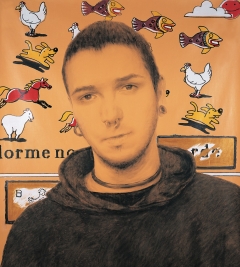 Chi dorme.... 2001. Acrilico e inchiostro serigrafico su tela cm. 200x180