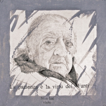 La pazienza è la virtù dei.. Fanti 2 2009. Inchiostro serigrafico e acrilico su tela cm. 130x130 (Ritratto di Vito Riviello)
